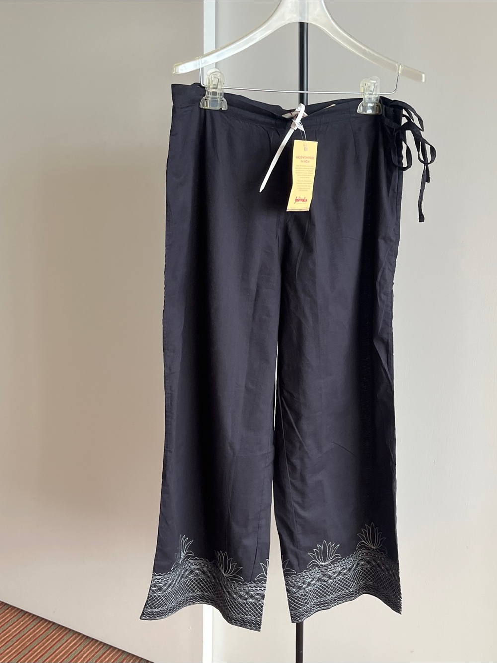 NWT Fabindia 100% Cotton PALAZZO IJAR Dress PANT WIDE LEG Black w Silver Zari M